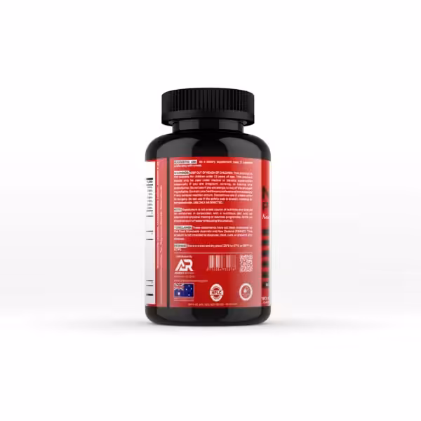 Back label of a supplement bottle showing suggested use, warnings, storage instructions, and distributor information