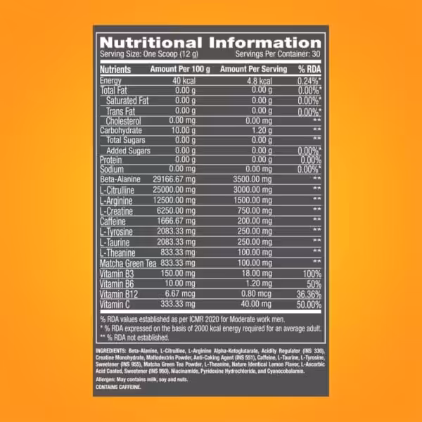 Nutritional information label showing serving size of 12g with 30 servings per container, listing nutrients including Beta-Alanine, L-Citrulline, Caffeine, and vitamins B3, B6, B12, and C