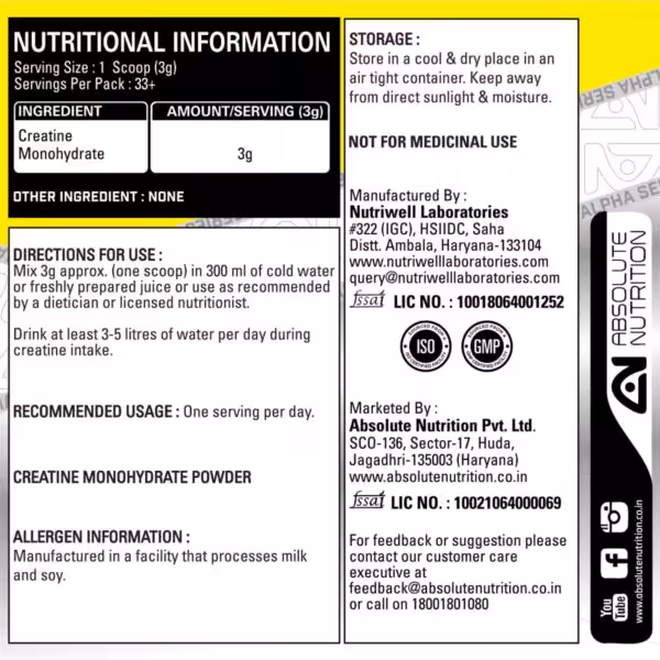 Absolute Nutrition’s Alpha Series Exclusive Creatine Monohydrate 100 GMS