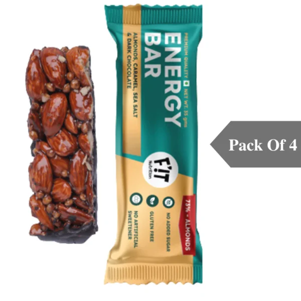 Fit Nutrition Premium Energy Bar | Almonds(73%), Sea Salt & Dark Chocolate | Pack of 4 | No Added Sugar | Protein & Fiber rich