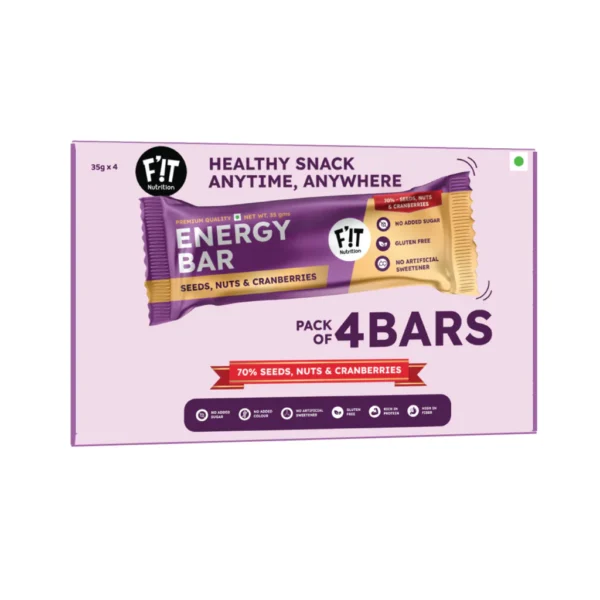 Fit Nutrition Premium Energy Bar | Seeds, Nuts & Cranberries(70%) | Pack of 4 | No Added Sugar | Protein & Fiber rich
