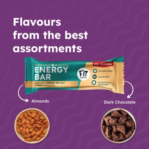 Fit Nutrition Premium Energy Bar | Almonds(73%), Sea Salt & Dark Chocolate | Pack of 4 | No Added Sugar | Protein & Fiber rich