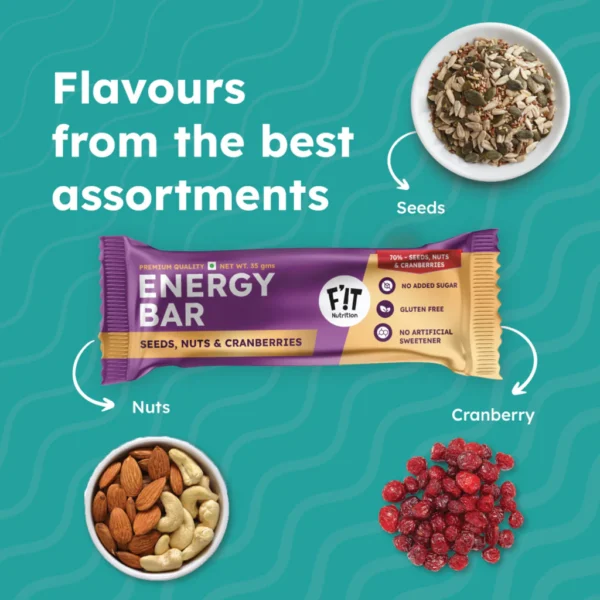 Fit Nutrition Premium Energy Bar | Seeds, Nuts & Cranberries(70%) | Pack of 4 | No Added Sugar | Protein & Fiber rich