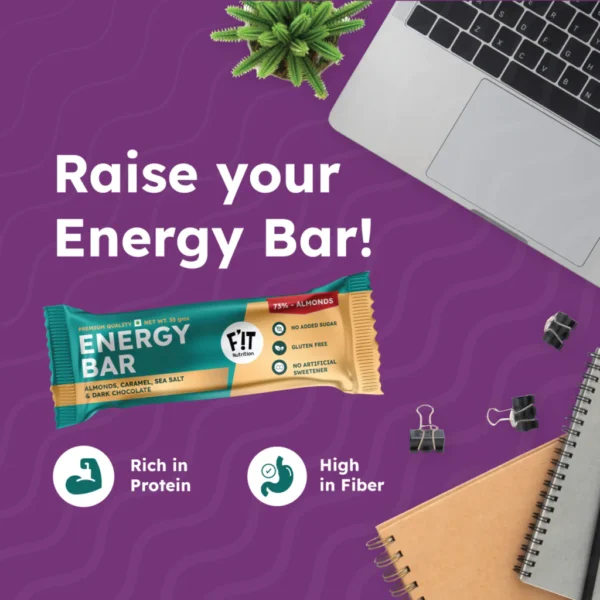 Fit Nutrition Premium Energy Bar | Almonds(73%), Sea Salt & Dark Chocolate | Pack of 4 | No Added Sugar | Protein & Fiber rich