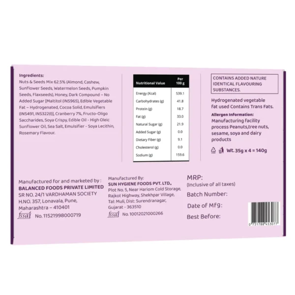 Fit Nutrition Premium Energy Bar | Seeds, Nuts & Cranberries(70%) | Pack of 4 | No Added Sugar | Protein & Fiber rich