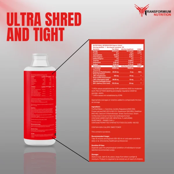 Transformium Nutrition Ultra Shred & Tight (Non- Stimulant Fat Burner With Carnitine)