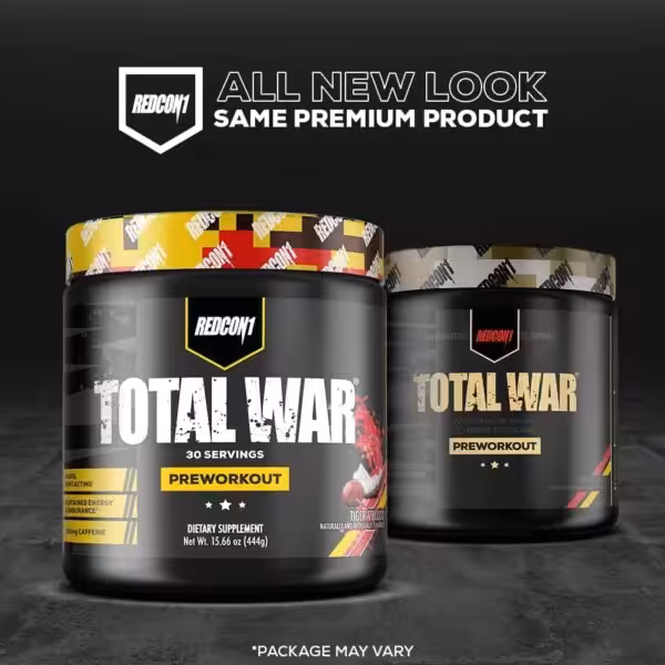 Redcon1 Total War pre-workout advertisement showing new and old packaging. All new look, same premium product