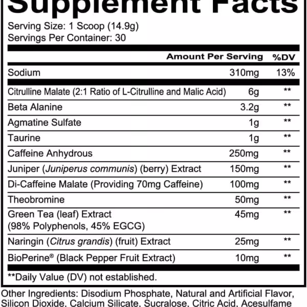Supplement Facts label: 30 servings. Per scoop: 6g Citrulline Malate, 3.2g Beta Alanine, 250mg Caffeine, and other extracts