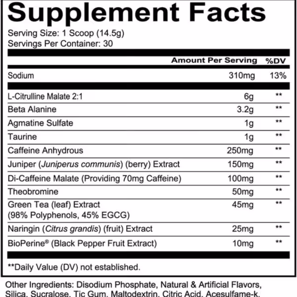 Supplement Facts for 30 servings. Main ingredients per scoop: 6g L-Citrulline Malate, 3.2g Beta Alanine, and 250mg Caffeine