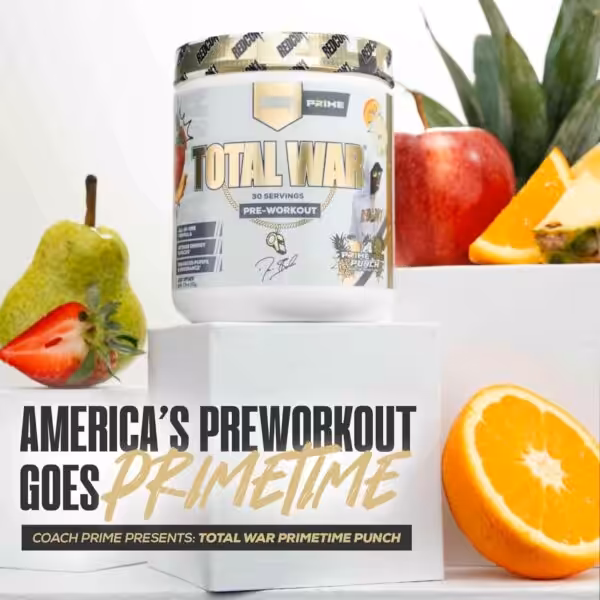 Total War Primetime Punch pre-workout tub surrounded by fruit. Text: America’s Preworkout Goes Primetime