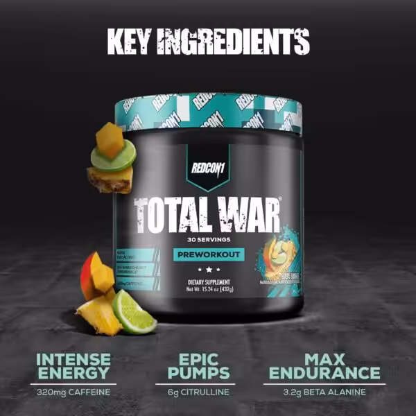 Redcon1 Total War Preworkout Baja Bomb: 320mg caffeine, 6g citrulline, and 3.2g beta alanine