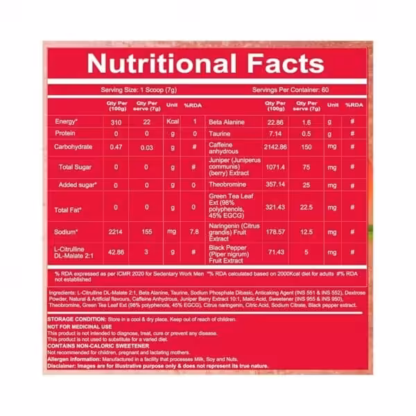 Nutritional Facts label showing serving size 1 scoop (7g), 60 servings per container, 22 Kcal per serving, with ingredients including L-Citrulline, Beta Alanine, Caffeine 150mg, and Taurine. Contains non-caloric sweetener. Allergens: Milk, Soy, Nuts