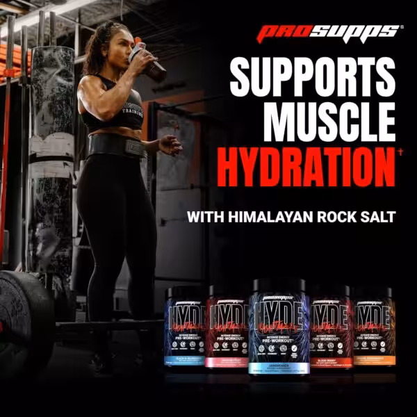 ProSupps HYDE Nightmare pre-workout supports muscle hydration with Himalayan rock salt. Five flavor varieties shown