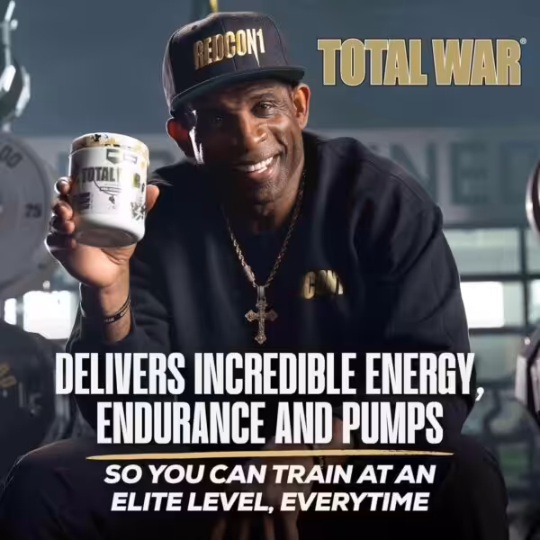 Deion Sanders holding Redcon1 Total War. Text: Delivers incredible energy, endurance and pumps so you can train at an elite level, everytime