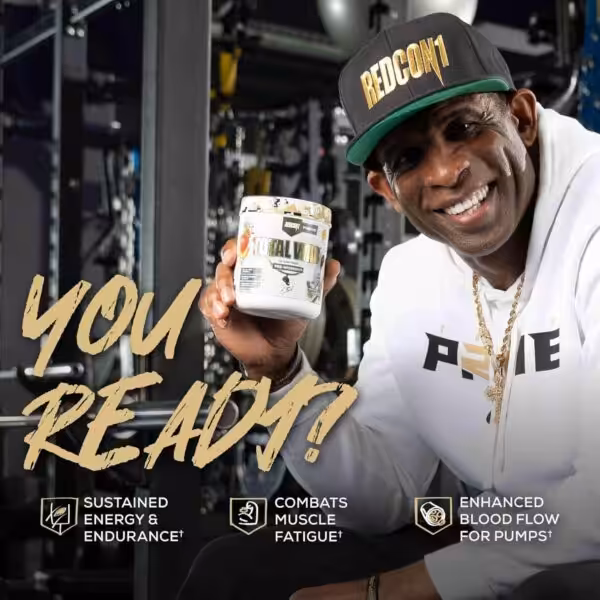 Deion Sanders holding Redcon1 Total War pre-workout. You Ready? Sustained energy, endurance, muscle fatigue, blood flow