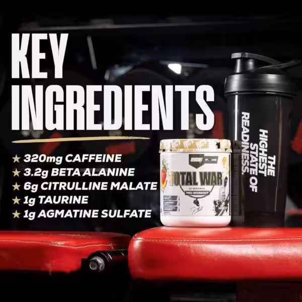 Total War key ingredients: 320mg caffeine, 3.2g beta alanine, 6g citrulline malate, 1g taurine, 1g agmatine sulfate