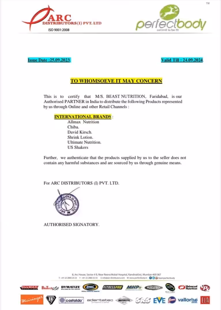 AUTHENTICITY means Beast Nutrition 8 Beast Nutrition authorised dealer certificate