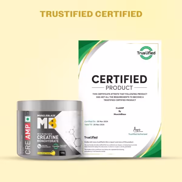 MuscleBlaze CreAMP Creatine Monohydrate Trustified certification valid until Nov 20, 2025