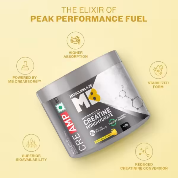 MuscleBlaze CreAMP Micronised Creatine Monohydrate. Highlights: higher absorption, stabilized form, and superior bioavailability