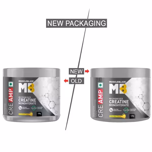Comparison of old 100g and new 120g packaging for MuscleBlaze CreAMP Micronised Creatine Monohydrate