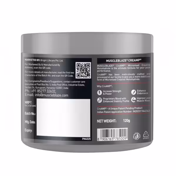 MuscleBlaze CreAMP 120g label with benefits, patent info, and contact: +91 85277 32632, info@muscleblaze.com