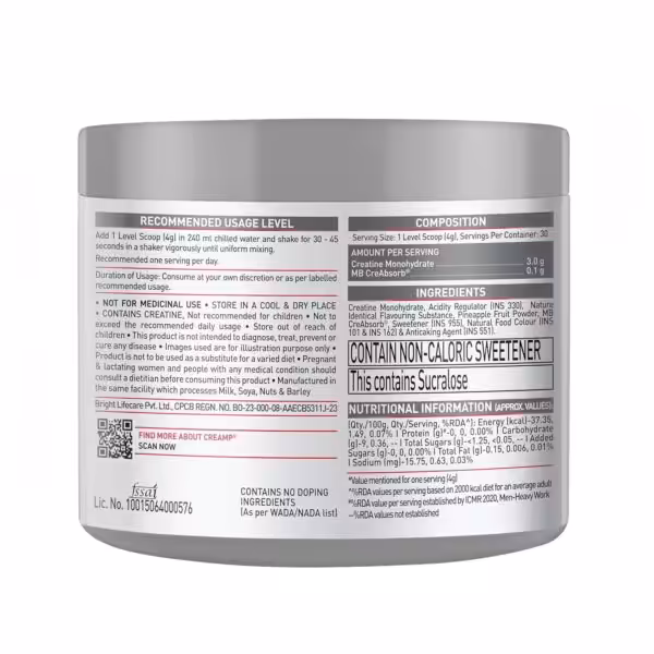 Back label for a creatine supplement showing usage instructions, ingredients, and nutritional information
