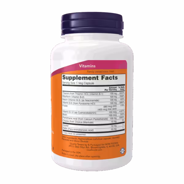 Supplement Facts label for NOW Foods vitamins showing B-complex ingredients, amounts per serving, and daily values