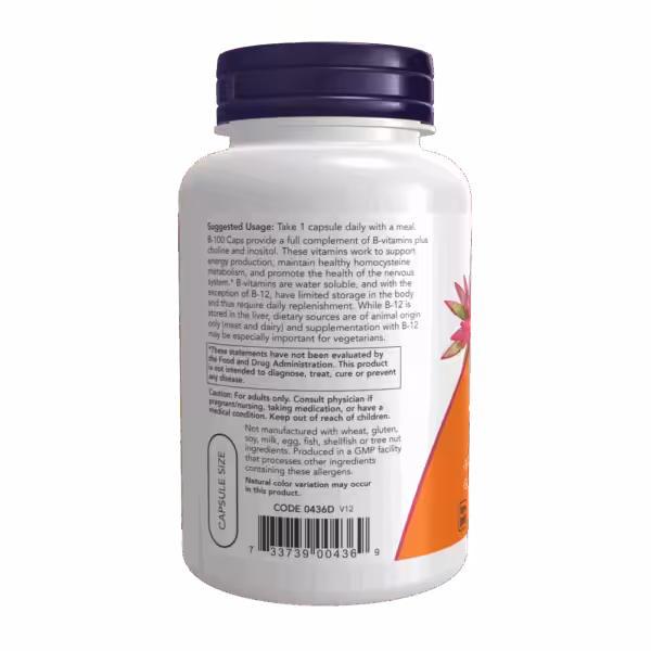 Back label of a B-100 supplement bottle with suggested usage, caution, allergen information, and FDA disclaimer
