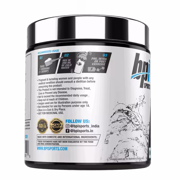 BPI Sports label: Mix 1 scoop in 200ml water pre, intra, or post exercise. Includes safety warnings and quality seals