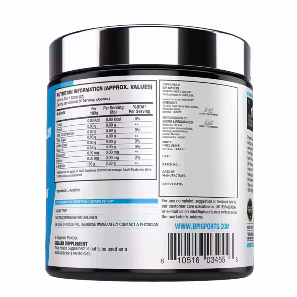 Nutrition facts for L-Arginine powder: 90 servings per container, 2g L-Arginine per 1 scoop serving. Sugar free