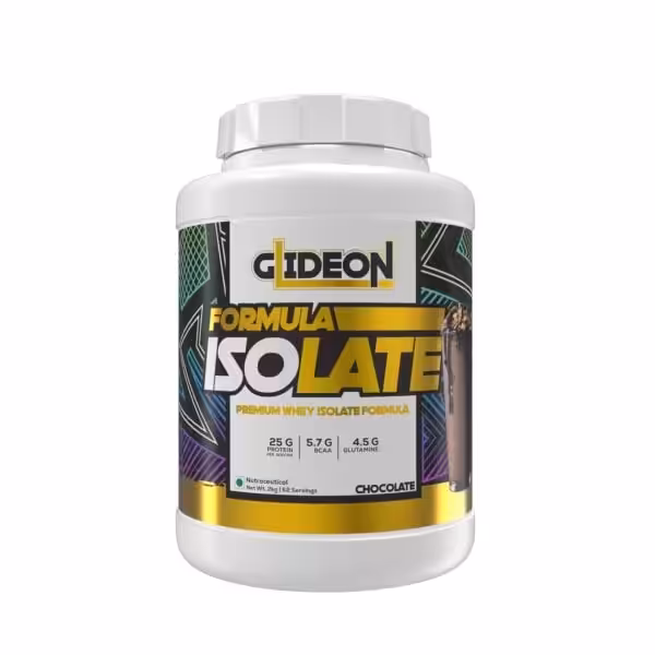 Gideon Formula Isolate Chocolate Whey Protein, 2kg. 25g protein, 5.7g BCAA, 4.5g glutamine per serving