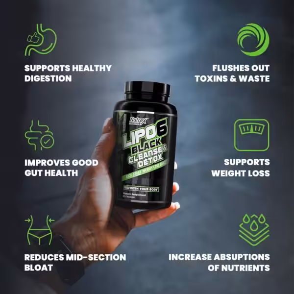Nutrex Lipo-6 Black Cleanse & Detox: supports digestion, flushes toxins, improves gut health, supports weight loss, reduces bloat, and increases nutrient absorption