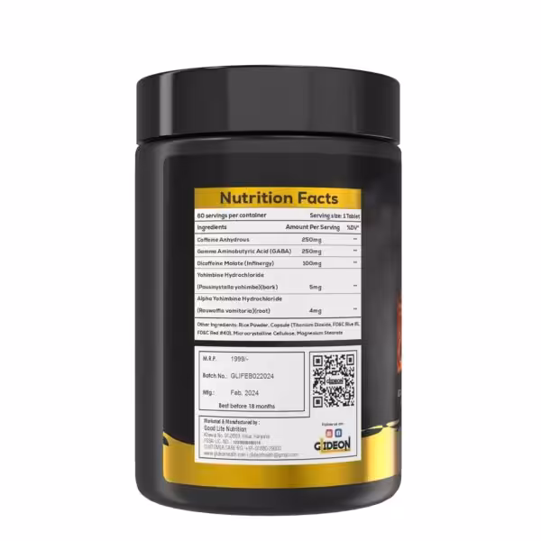 Nutrition facts: 60 servings of 1 tablet. 250mg Caffeine, 250mg GABA, 100mg Dicaffeine Malate, and Yohimbine
