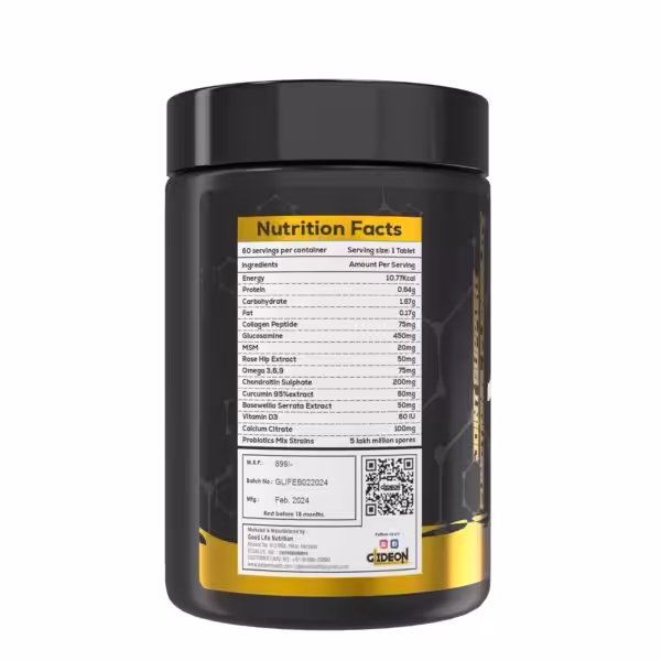 Nutrition Facts for a 60-serving joint supplement listing Glucosamine, Chondroitin, Collagen, and MSM