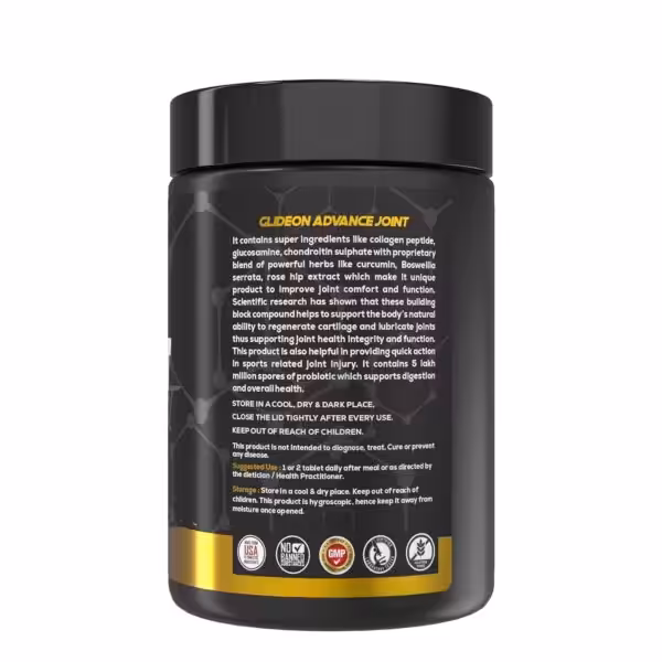Glideon Advance Joint label listing ingredients, benefits for joint health, suggested use, and quality certifications
