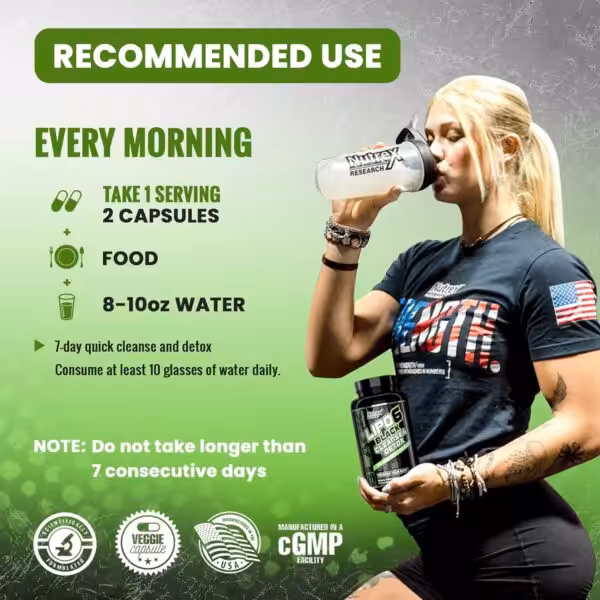 Recommended use: Every morning take 2 capsules with food and 8-10oz water. Do not take longer than 7 consecutive days