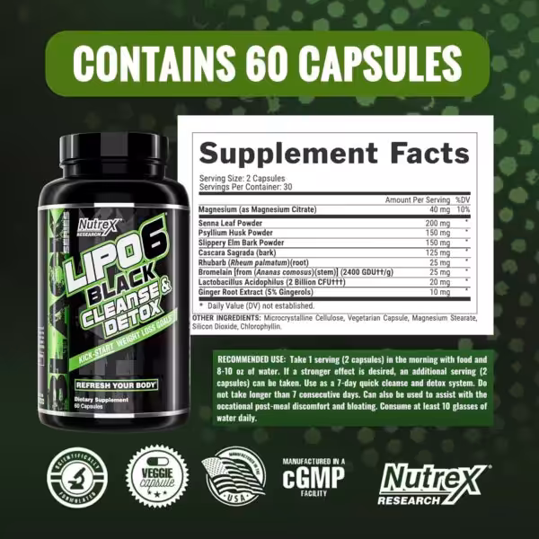 Nutrex Lipo6 Black Cleanse & Detox supplement facts, ingredients, and recommended use for a 7-day quick cleanse