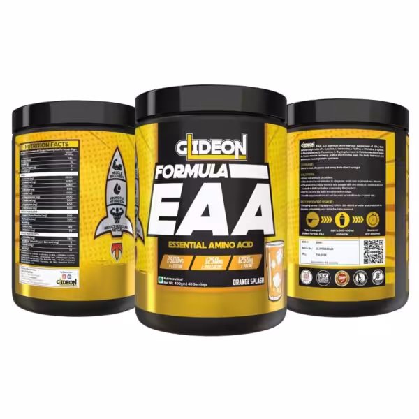 Gideon Formula EAA Essential Amino Acid supplement, Orange Splash flavor, with nutrition facts and usage instructions