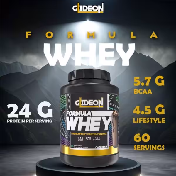 Gideon Formula Whey chocolate protein powder: 24g protein, 5.7g BCAA, 4.5g glutamine, and 60 servings per container