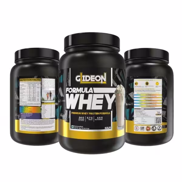 Gideon Formula Whey protein powder, Kulfi flavor. Labels show 24g protein, 5.7g BCAA, and 4.5g glutamine per serving