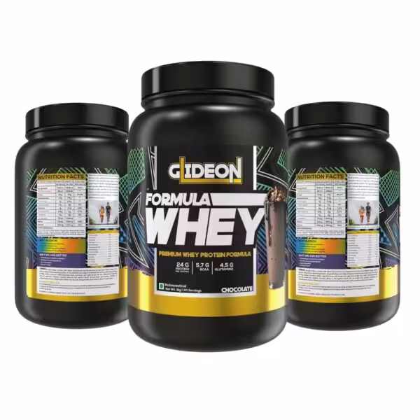 Gideon Formula Whey Chocolate protein powder, 1kg tub with 24g protein, 5.7g BCAA, and 4.5g Glutamine per serving