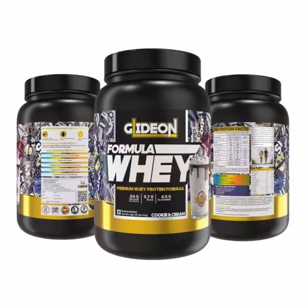 Gideon Formula Whey Cookie & Cream protein powder tubs showing front label with 24g protein, 5.7g BCAA, and 4.5g glutamine per serving