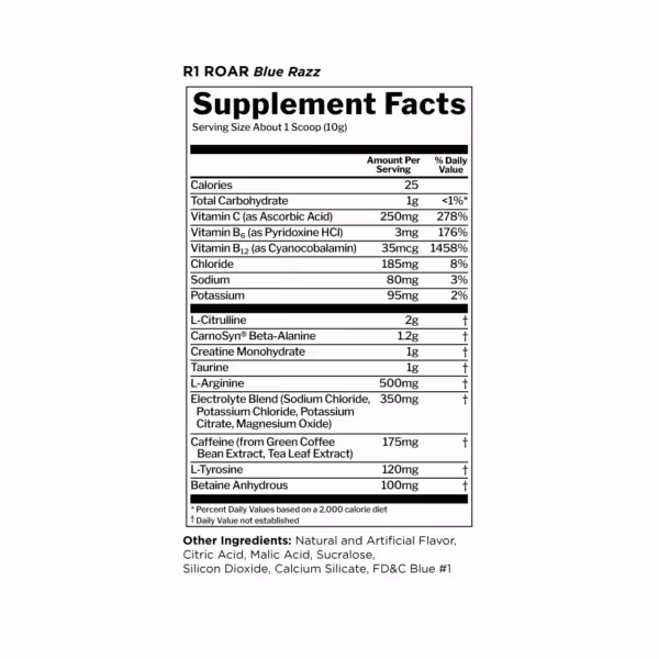 Supplement Facts for R1 ROAR Blue Razz: 25 calories, vitamins C, B6, B12, amino acids, and 175mg caffeine