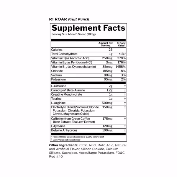Supplement Facts for R1 ROAR Fruit Punch including vitamins, electrolytes, caffeine, and amino acids
