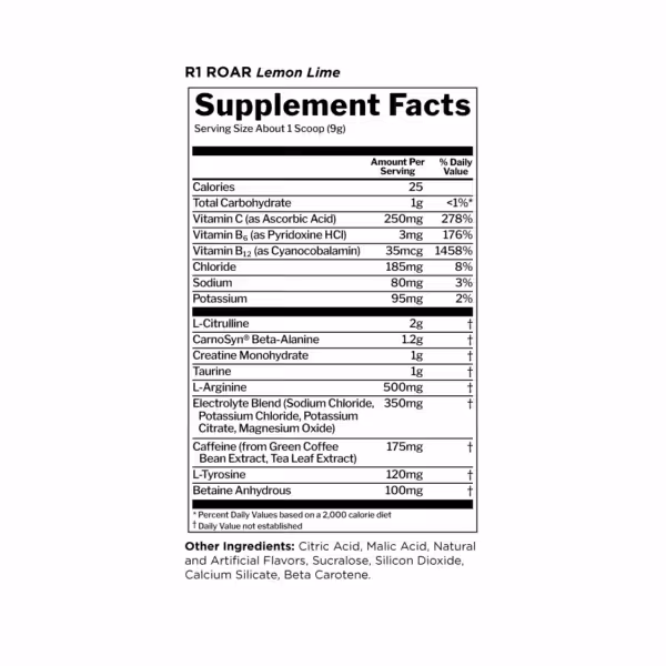 Supplement Facts for R1 ROAR Lemon Lime: 25 calories, 175mg caffeine, and a blend of amino acids and electrolytes