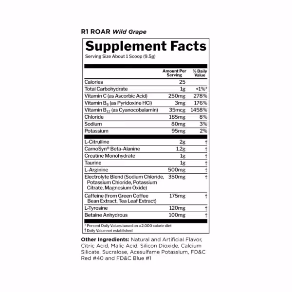 Supplement facts for R1 ROAR Wild Grape, including calories, vitamins, minerals, and performance ingredients