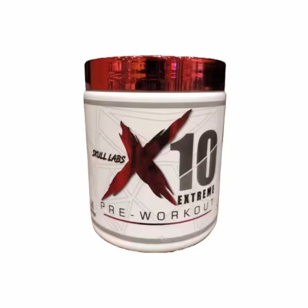 Skull Labs X10 Extreme Pre-Workout supplement in a white tub with a red lid