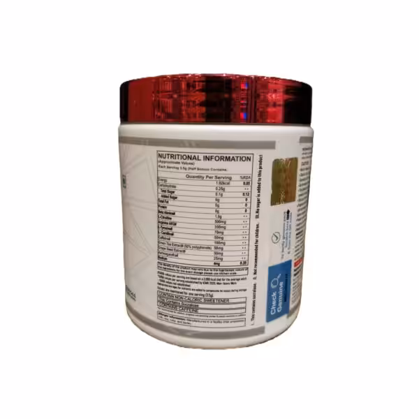 Nutritional information label listing ingredients per 3.5g serving, including Beta Alanine, Caffeine, and Sucralose