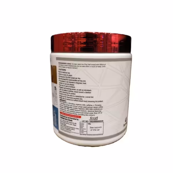 Supplement label with usage instructions, cautions, and ingredients including Beta-Alanine, caffeine, and Ashwagandha