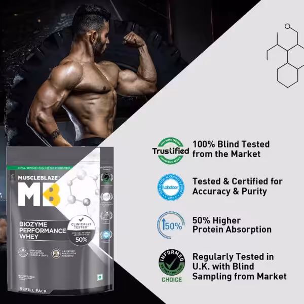 MuscleBlaze Biozyme Performance Whey: 100% blind tested, Labdoor certified, 50% higher protein absorption, and Informed Choice tested